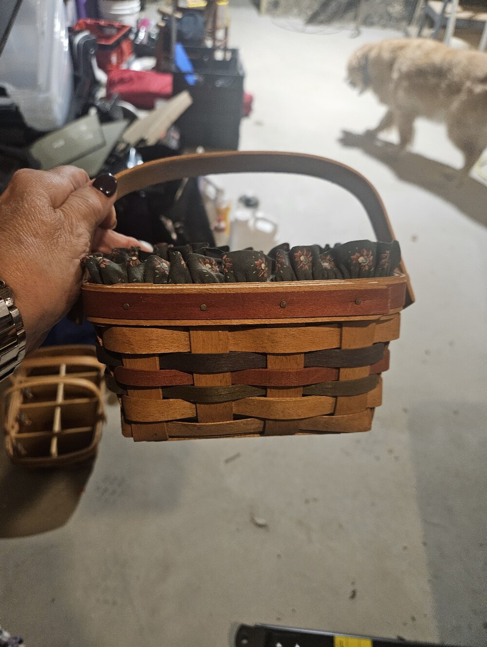 LONGABERGER Handwoven Brown Wicker Basket Bag with Green Fabric Lining
